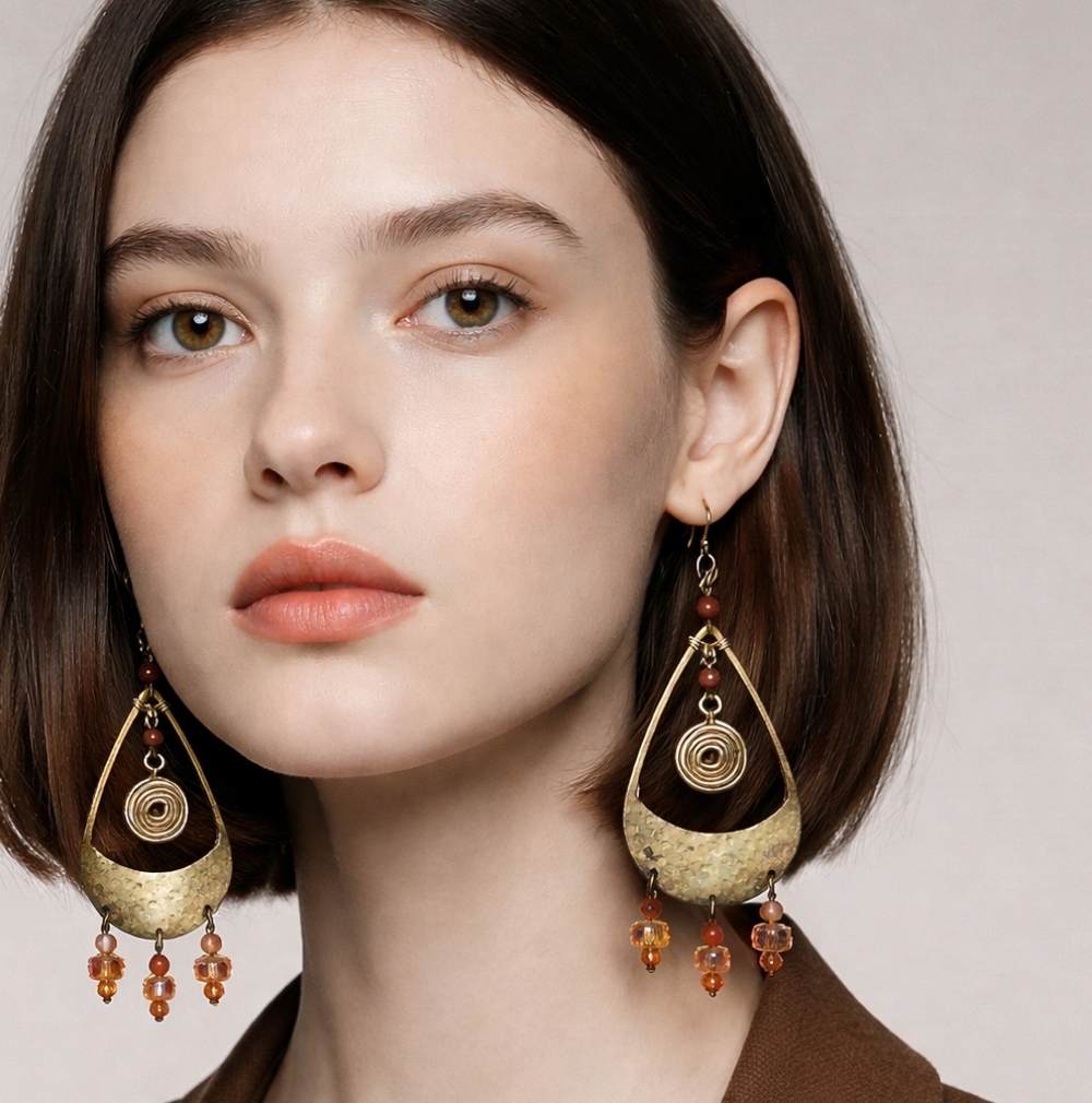 Elegant Brass and OrangeTeardrop Earrings